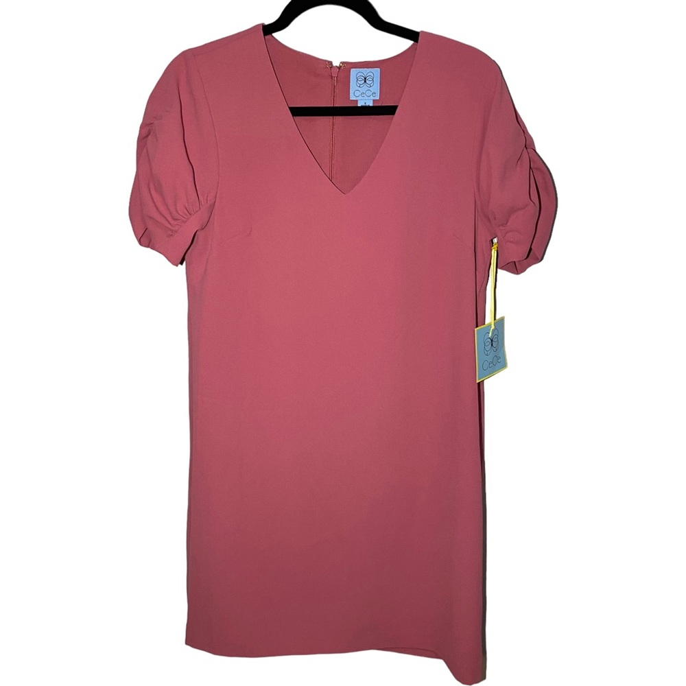 CeCe Women's Size 6 Mauve Pink V Neck Puff Sleeve Ruffle‎ Sheath A Line Dress